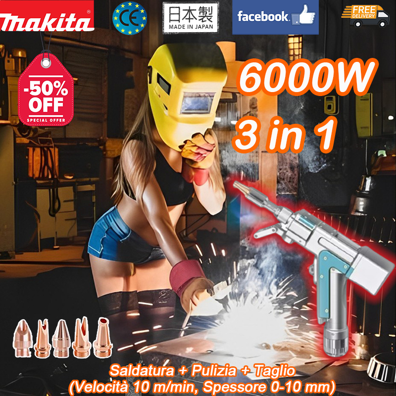 [Lacquisto di questo pacchetto non ti dà lauricolare Bluetooth Makita]6000W 【3 in 1】: Saldatura + Pulizia + Taglio (Velocità 10 m/min, Spessore 0-10 mm)